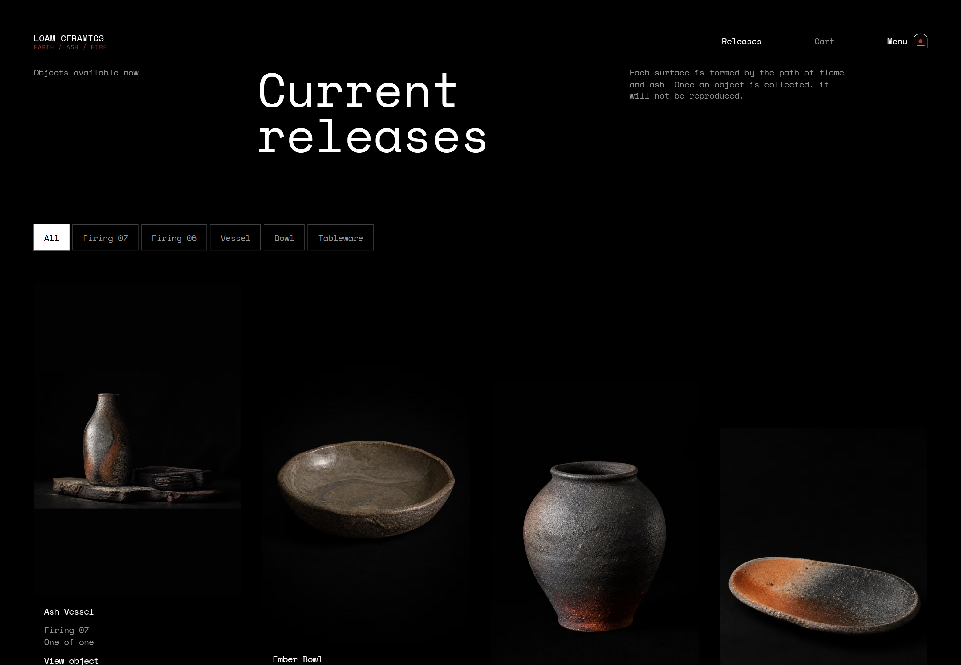 LOAM current releases page with a staggered grid of one-of-one ceramics